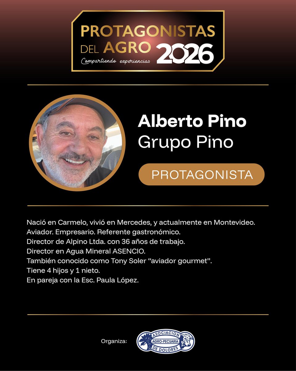 aad_dolores's tweet photo. Compartimos el perfil de Alberto Pino quien será uno de los 𝗣𝗿𝗼𝘁𝗮𝗴𝗼𝗻𝗶𝘀𝘁𝗮𝘀 𝗱𝗲𝗹 𝗔𝗴𝗿𝗼 𝟮𝟬𝟮𝟲 el jueves 9 de abril. 

⏰ 11:30 hs (puntual)
📍Sede AAD

Reservá tu lugar: protagonistas@aad.org.uy https://t.co/jVAR8geKbM