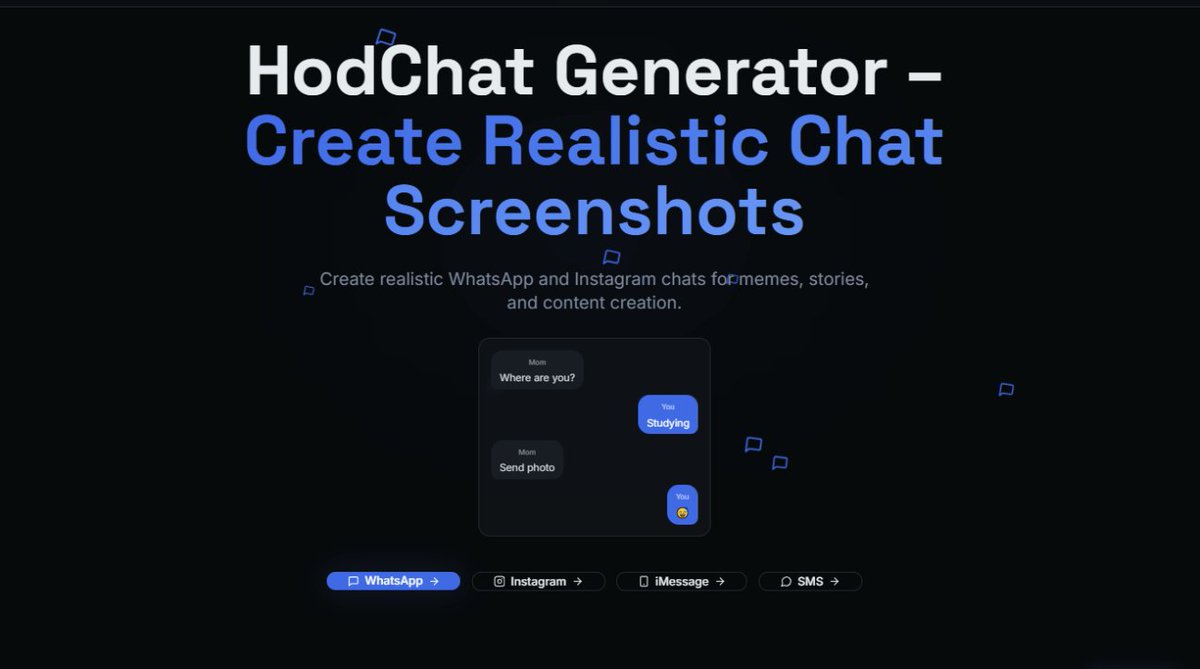 SolHodlix's tweet photo. Creators pay for fake chat apps to make Shoot Your Shot and Rizz content.

We made HodChat Generator — and it’s 100% free. 🚀

Create realistic Instagram, iMessage, WhatsApp &amp; SMS chats and export HD screenshots.

Try it: https://t.co/PGbvijS8cz

#fakechat #screenshot #tool https://t.co/lKS4K3gFnk