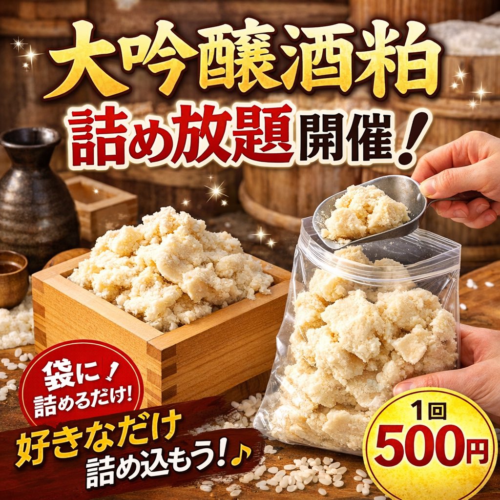 🌟今週末緊急開催🌟
両日二部開催致します！！
開催日：3月14日（土） 3月15日（日）
第一部：10時～11時
第二部：14時～16時

今回はなんと最高級「大吟醸」で行います！！
●1回500円●
大吟醸の香り豊かな酒粕を
お好きなだけ詰めてお持ち帰りいただけます！
是非お越し下さい〜！