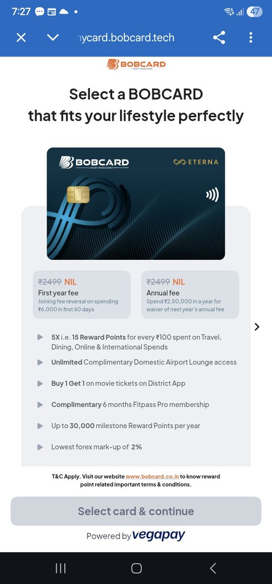 eAyush's tweet photo. @bobcardofficial can you confirm that the credit card offered in the screenshot is Life time free and no Annual charges or first year fee are applicable? https://t.co/ukXWw0YT3K