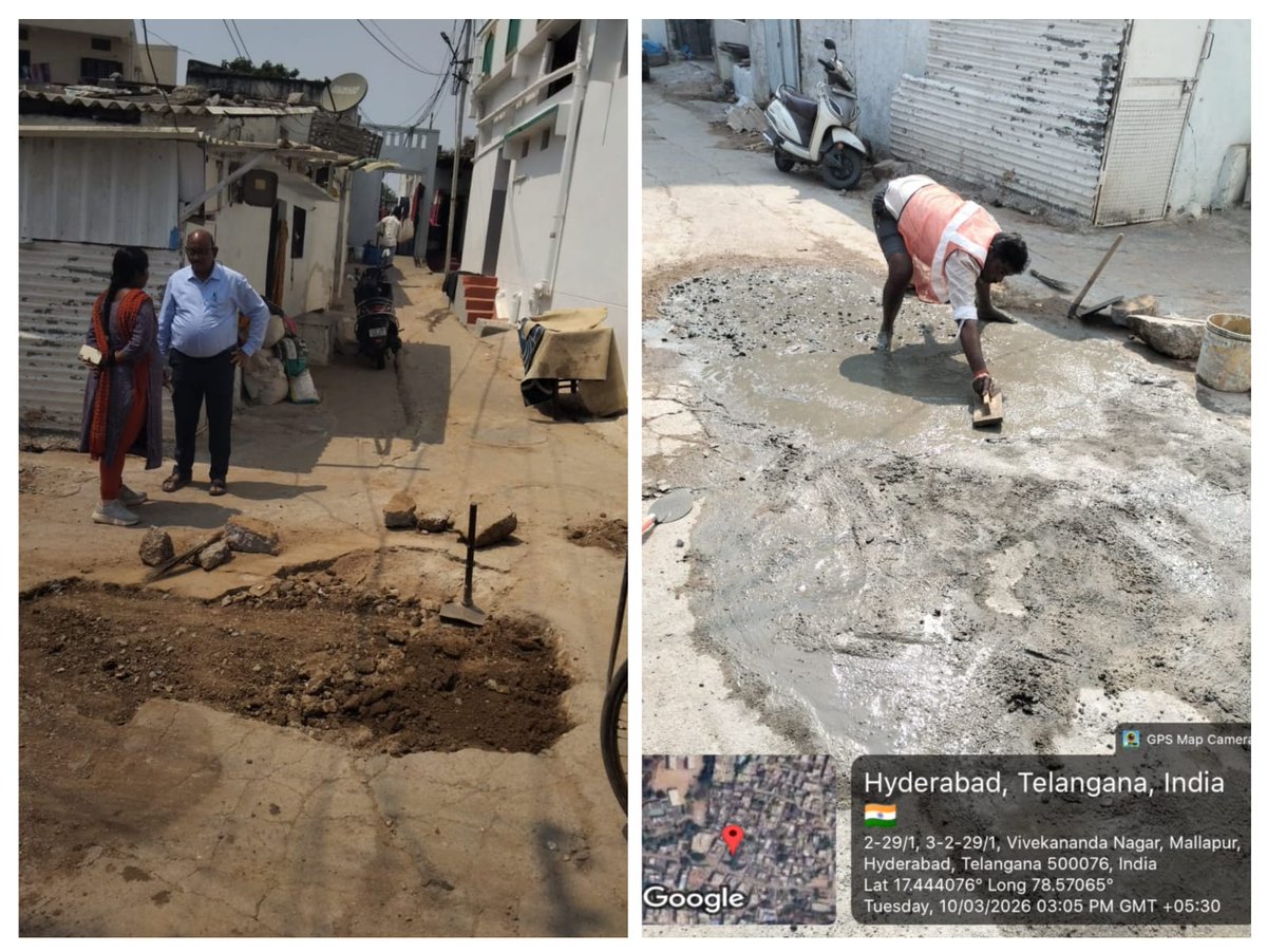 ZC_Uppal's tweet image. Engineering Maintenance wing of uppal Zone have attended CC Road and BT Road patchworks at various locations in kapra-07 and Nacharam-08 circles, ensuring improved road safety.

#MMC #EngineeringWorks #UppalZone #RoadSafety

@TelanganaCMO @MCMalkajgiri @PrlsecyMAUD