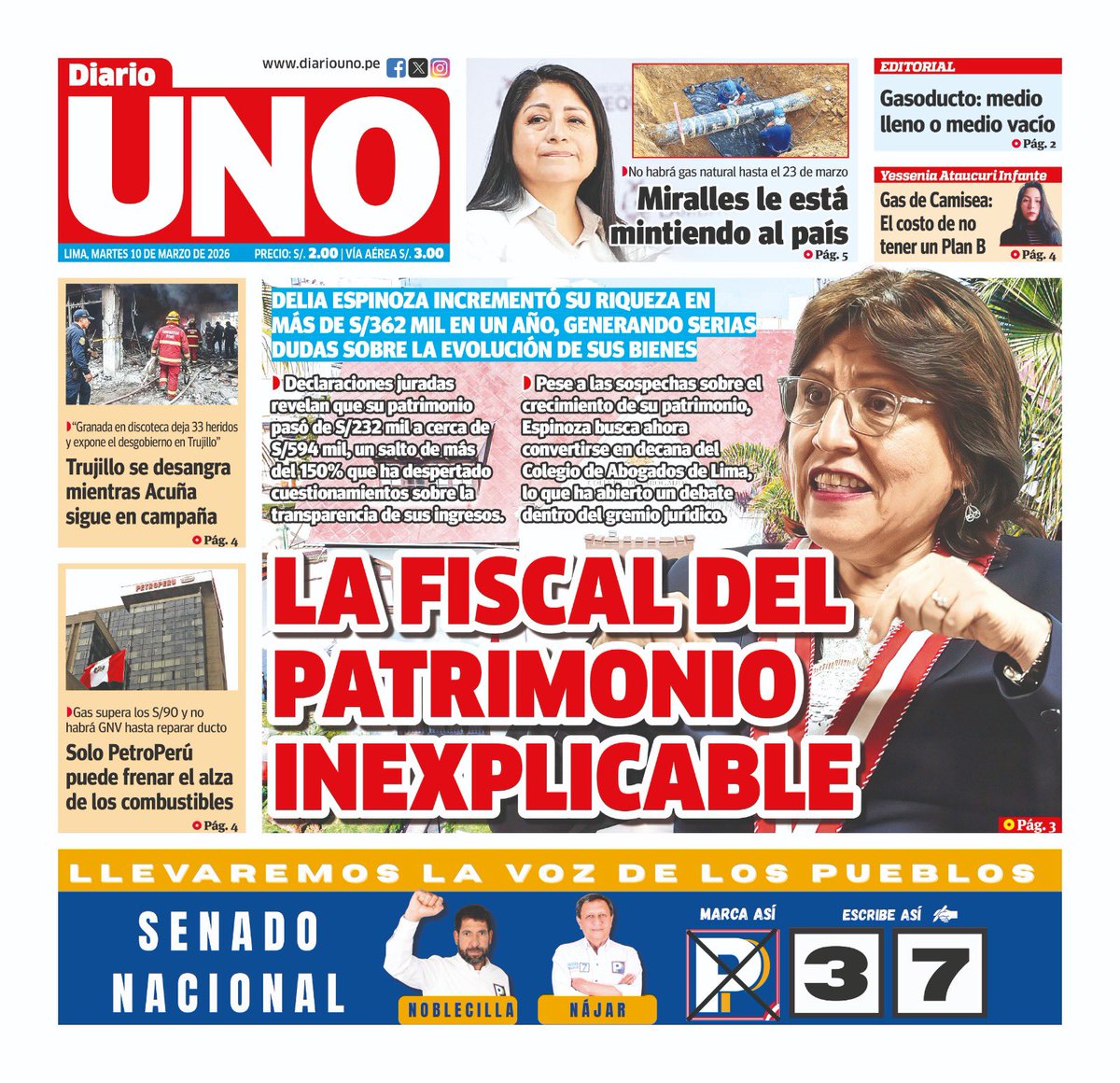 🗞️ Compartimos con ustedes la portada de Diario UNO del martes 10 de marzo de 2026
