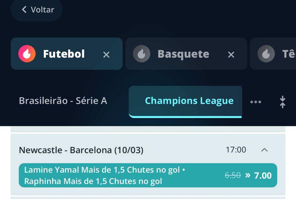Eu vou buscar dois chutes ao gol do craque Raphinha e do Lamine Yamal na cotação @ 7.00 🔥

Não tem substituição, mas é muito difícil esses jogadores saírem em um jogo de Champions! Carga! 

Quem vem buscar deixa o ❤️