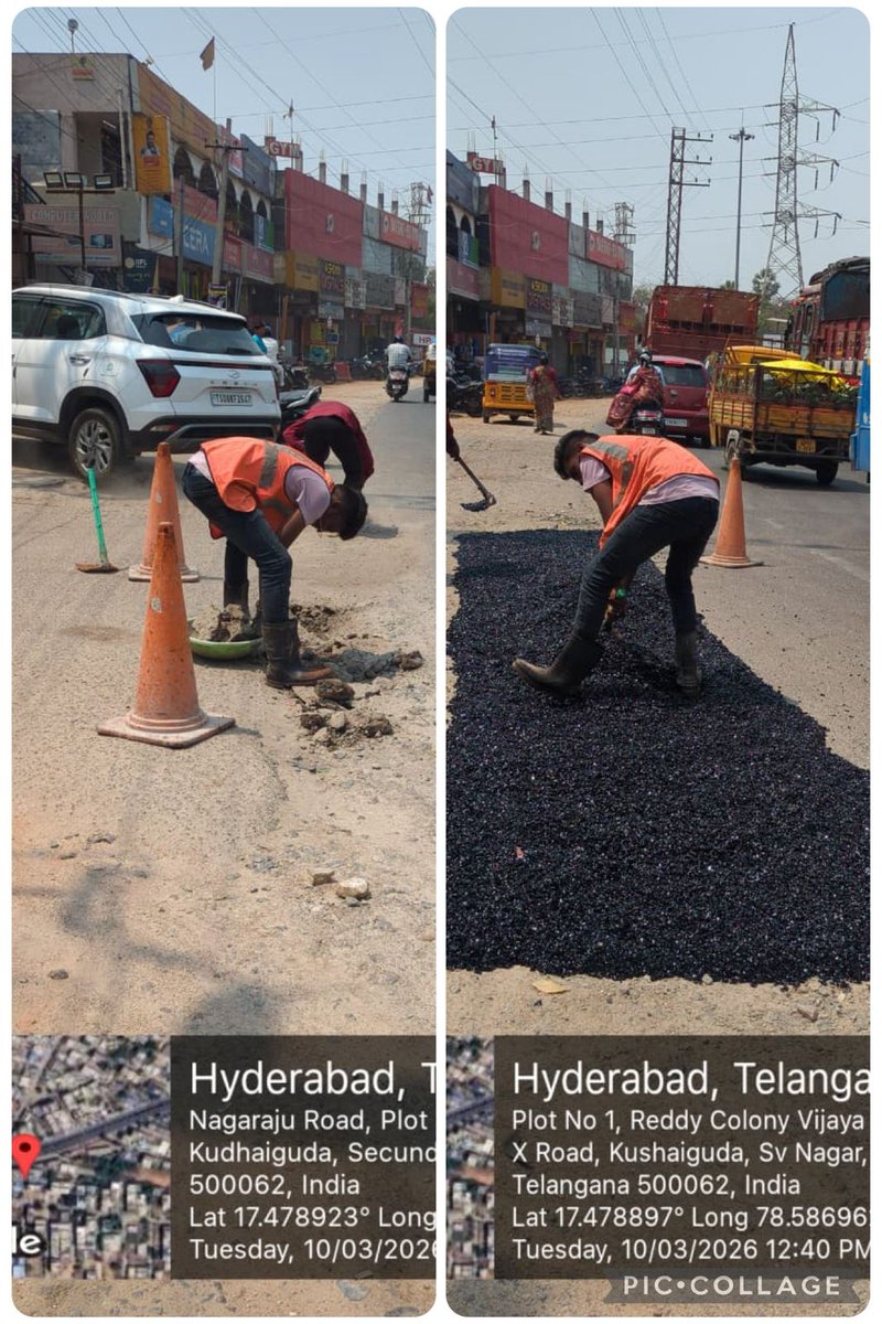 ZC_Uppal's tweet image. Engineering Maintenance wing of uppal Zone have attended CC Road and BT Road patchworks at various locations in kapra-07 and Nacharam-08 circles, ensuring improved road safety.

#MMC #EngineeringWorks #UppalZone #RoadSafety

@TelanganaCMO @MCMalkajgiri @PrlsecyMAUD