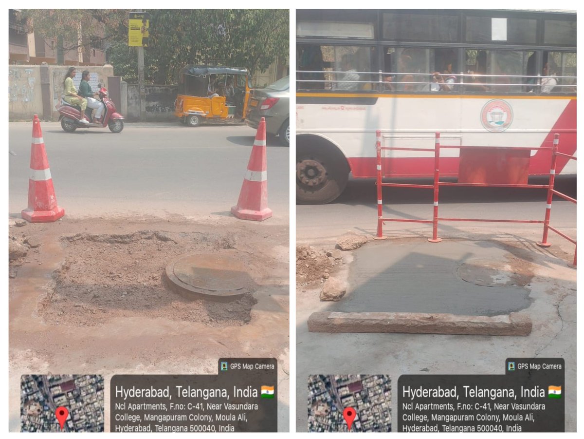 ZC_Uppal's tweet image. Engineering Maintenance wing of uppal Zone have attended CC Road and BT Road patchworks at various locations in kapra-07 and Nacharam-08 circles, ensuring improved road safety.

#MMC #EngineeringWorks #UppalZone #RoadSafety

@TelanganaCMO @MCMalkajgiri @PrlsecyMAUD