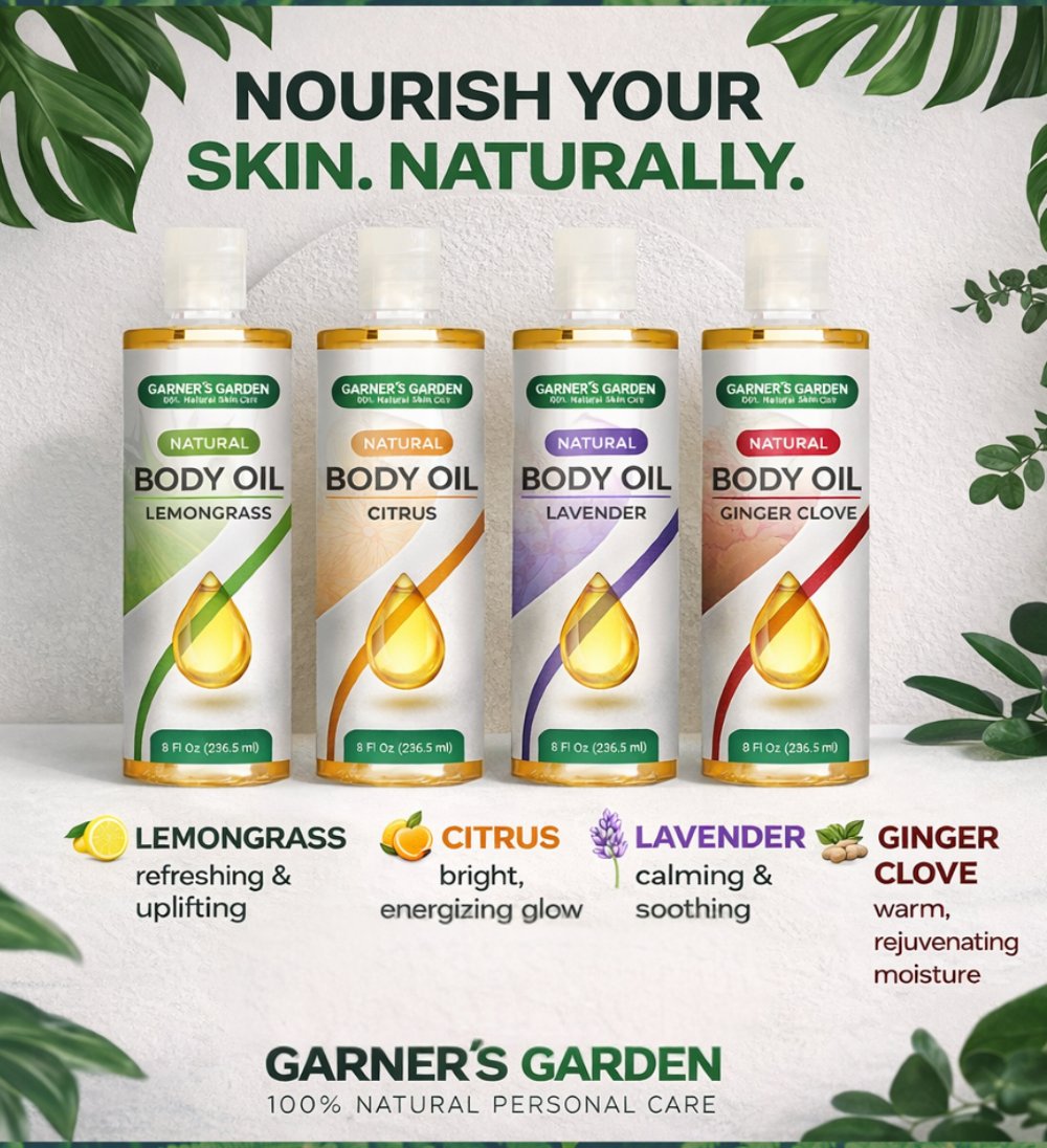 Garners_Garden's tweet image. Radiance is a byproduct of a healthy skin barrier. Our Natural Body Oil uses Safflower Oil and Ginger Clove to deliver essential lipids and support natural firmness. Give your skin the biological tools it needs to glow from within. #GarnersGarden #SkinHealth #BodyOil