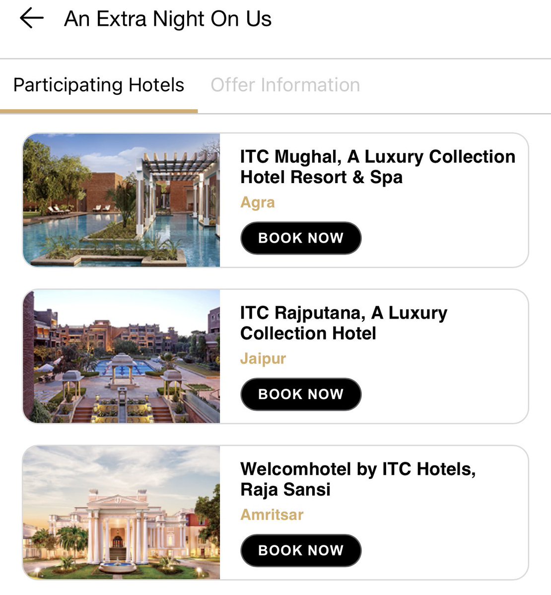 Awesome offer from ITC Hotels 👀

Book 1 night… stay 2 nights.

Available at:
• ITC Mughal – Agra
• ITC Rajputana – Jaipur
• Welcomhotel Raja Sansi – Amritsar

What you get:
✓ 2nd night complimentary
✓ Complimentary breakfast
✓ 20% off on F&amp;B &amp; Spa
✓ 1+1 Spa offer
✓