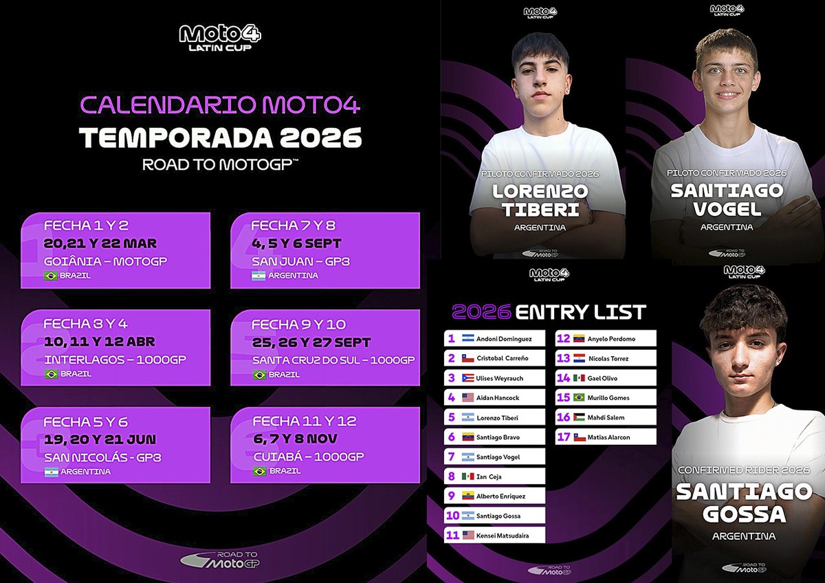 VELOCIDAD – ROAD TO MOTOGP - MOTO4 LATIN CUP CONFIRMÓ EL ENTRY LIST 2026
tinyurl.com/ymwytzaf