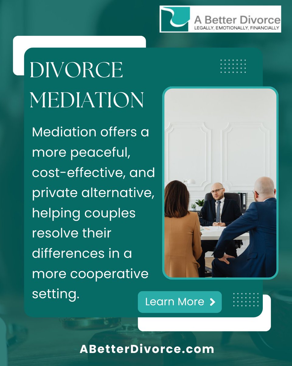 A_BetterDivorce's tweet photo. #Divorce doesn’t have to be a battle in the courtroom. #Mediation offers a more peaceful, cost-effective, and private alternative, helping couples resolve their differences in a more cooperative setting.

Learn more about how mediation can work for you https://t.co/uLGxiUcrH5 https://t.co/lxUituoh2J