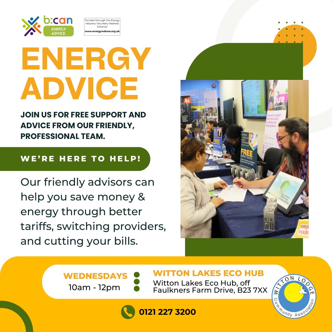 wittonlodge's tweet photo. Energy bills too high? 🤔Join us on Wednesday for energy advice at Witton Lakes Eco Hub! 

Bill help, cheaper tariffs, switch providers &amp; energy-saving tips 💡✨

More information can be found on the picture below💙

 #EnergyAdvice #WittonLakes #CommunitySupport https://t.co/vVySEH58Bt