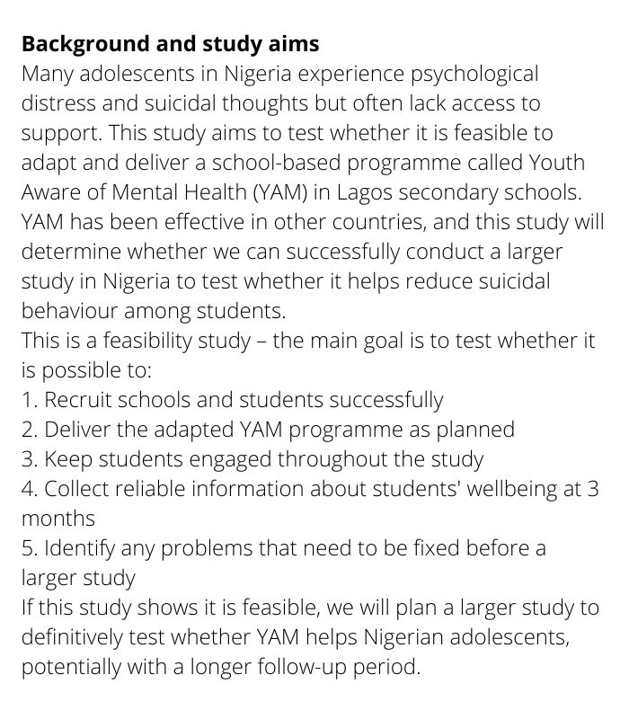 ISRCTN's tweet photo. Adaptation and feasibility assessment of a primary suicide prevention intervention for school adolescents in Nigeria

Read about the SPREAD study registered on #ISRCTN by @biodunade  @Cemhri 

#ClinicalTrials

https://t.co/o4dayoDNEw https://t.co/UyjzePZISm