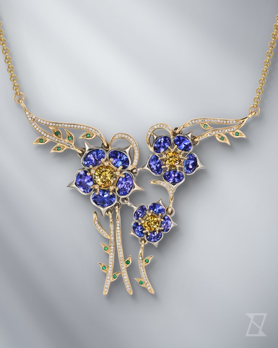 Jewellery_art's tweet photo. Kykio Zaki flower jewellery set featuring tanzanite, diamonds and emeralds in two tone gold by @zielinski_art #bespokejeweller https://t.co/qHwGDH1tPO