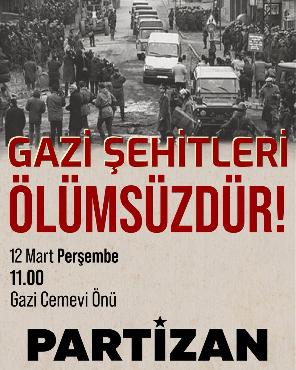 Gazi Katliamı’nın 31. Yıl Dönümünde Direnişi Selamlıyor, Ölümsüzleşenleri Anıyoruz!

📅 12 Mart Perşembe
⏱️ 11:00
📍 Gazi Cemevi Önü