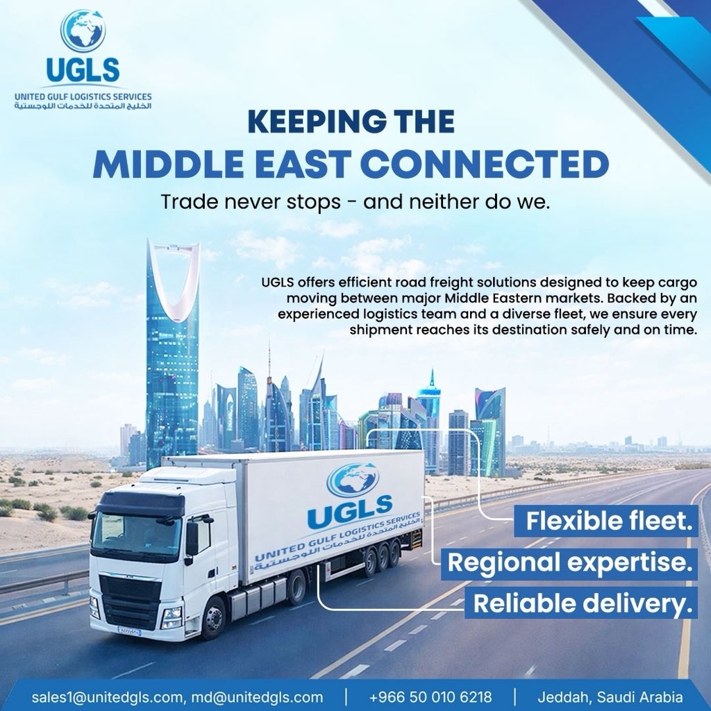 UGLS_sa's tweet photo. KEEPING THE MIDDLE EAST CONNECTED

Trade never stops - and neither do we.

UGLS offers efficient road freight solutions designed to keep cargo moving between major Middle Eastern markets. Backed by an experienced logistics team and a diverse fleet, we ensure every shipment reaches its destination safely and on time.

Flexible fleet. Regional expertise. Reliable delivery.
.
.
.
.
.
#MiddleEastLogistics #RoadFreight #CargoConnectivity #LogisticsSolutions #SupplyChainExcellence #MiddleEastCrisis #MiddleEastConflict #GlobalSupplyChain #SupplyChainDisruption
#تجارة_الشرق_الأوسط
#أزمة_الشرق_الأوسط
#صراع_الشرق_الأوسط
#سلسلة_التوريد_العالمية
#اضطراب_سلسلة_التوريد