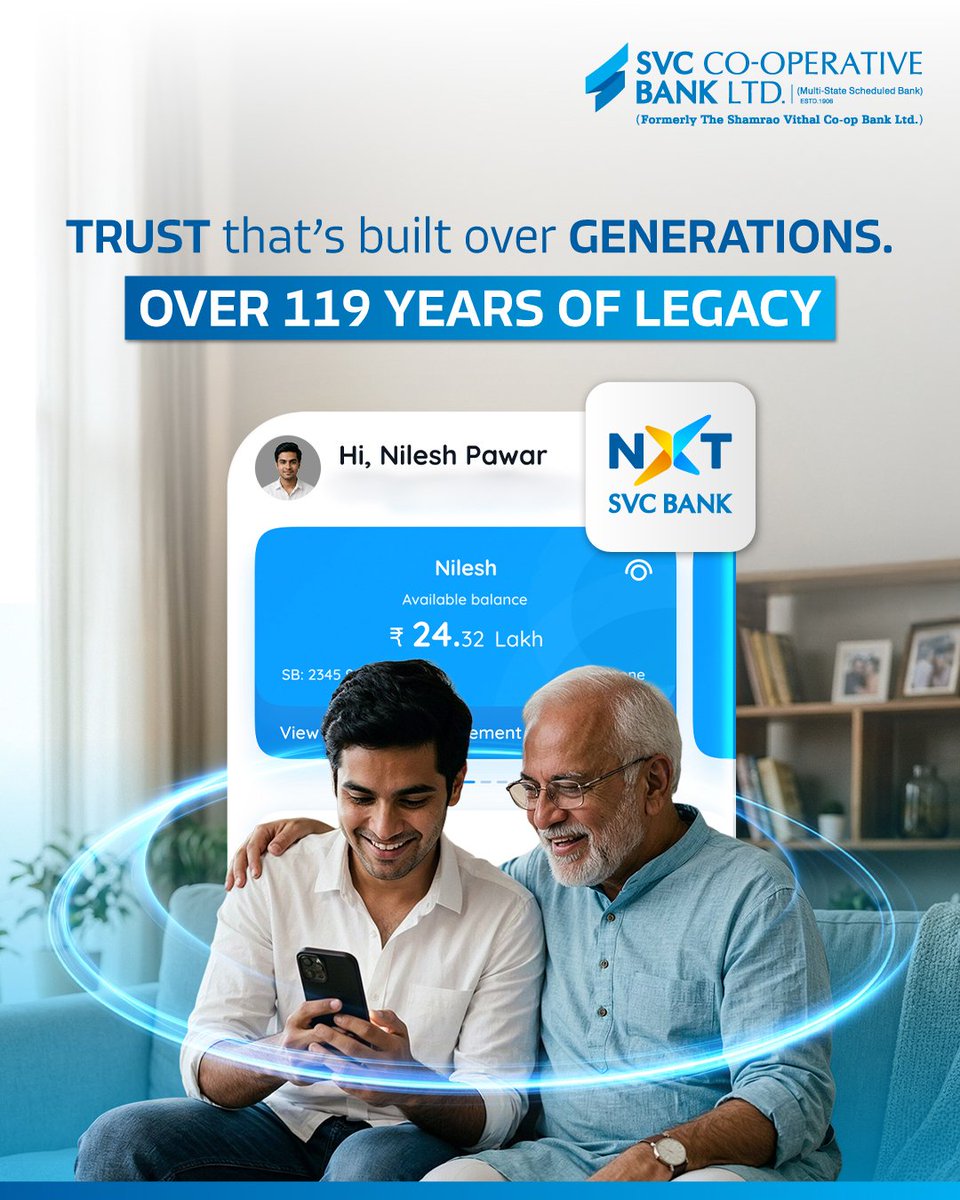 SVC_Bank's tweet photo. Across decades and generations, one thing has remained constant - TRUST.
SVC Bank’s over 119 years of journey stands as a testament to relationships built on reliability and shared progress.
#SVCBank #HumSeHaiPossible #SVCNXT https://t.co/uB5U4KGwYw