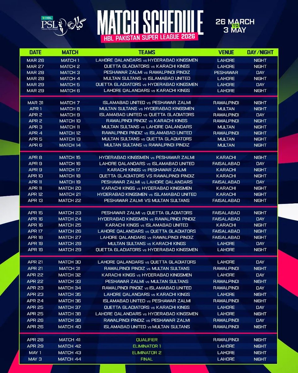 PSL 11 matches poster showing schedule details