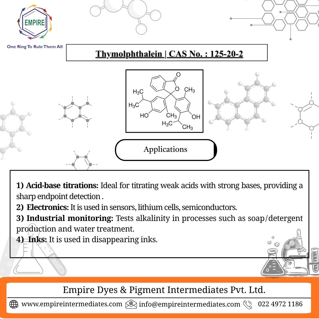 empire_organics's tweet image. Empire offers the product Thymolphthalein in powder form, which has wide-ranging applications, serves primarily as a pH indicator in acid-base titrations, electronics and for uses like disappearing ink. #Thymolphthalein #pHIndicator #AnalyticalChemistry #CAS125202 #dyes #pigments