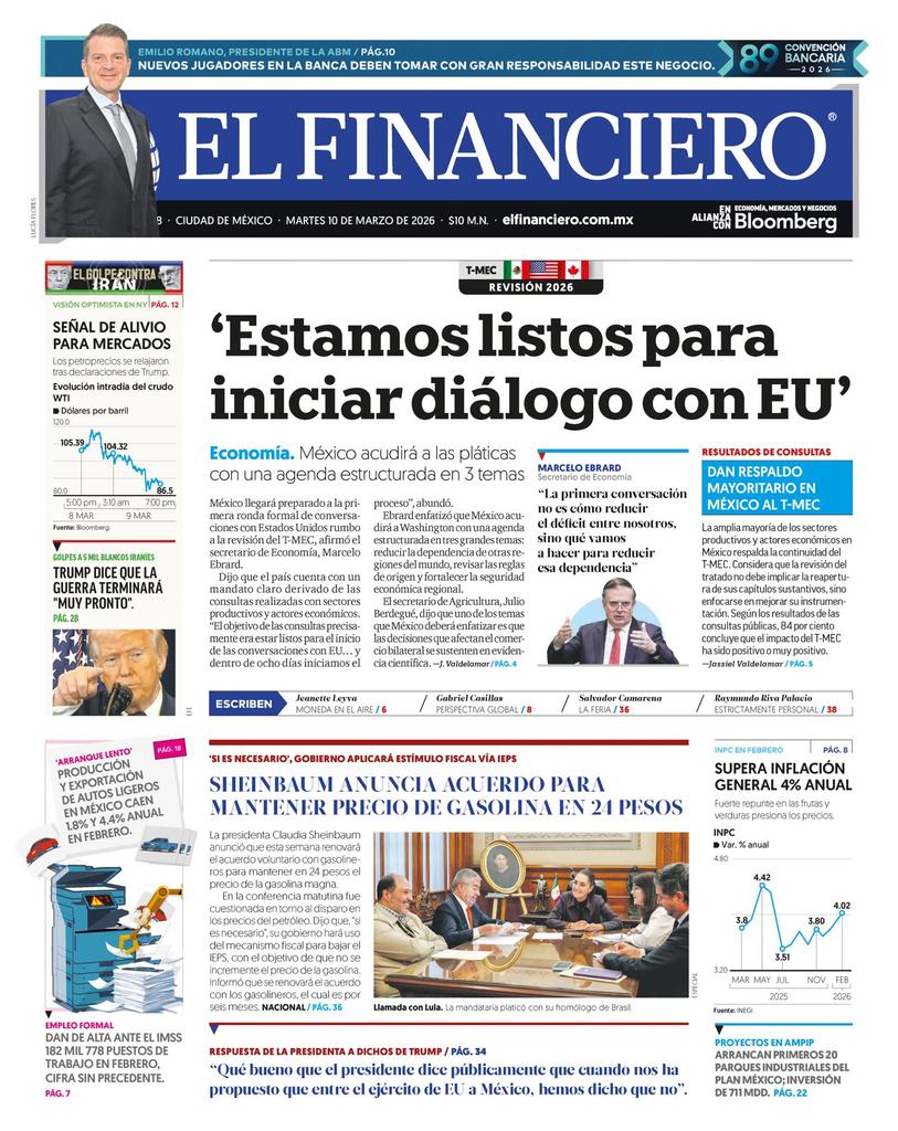 En <a href="/ElFinanciero_Mx/">El Financiero</a> de este martes 👇🏼
📍 México está listo para iniciar diálogo con EU sobre T-MEC
📍Trump envía señal de alivio a mercados
📍 Sheinbaum anuncia acuerdo para mantener precio de gasolina en $24
📍Supera inflación general el 4% anual