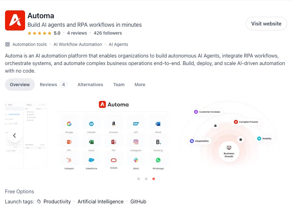 AutomaApp's tweet image. We want your honest feedback! Rate us and leave a review at producthunt.com/products/automa
🎁Special Giveaway for our Community:
PRO Users: +1 Month Free 
Free Users: 15 Days PRO Access
Let’s make some noise on #ProductHunt 
#automation #RPA