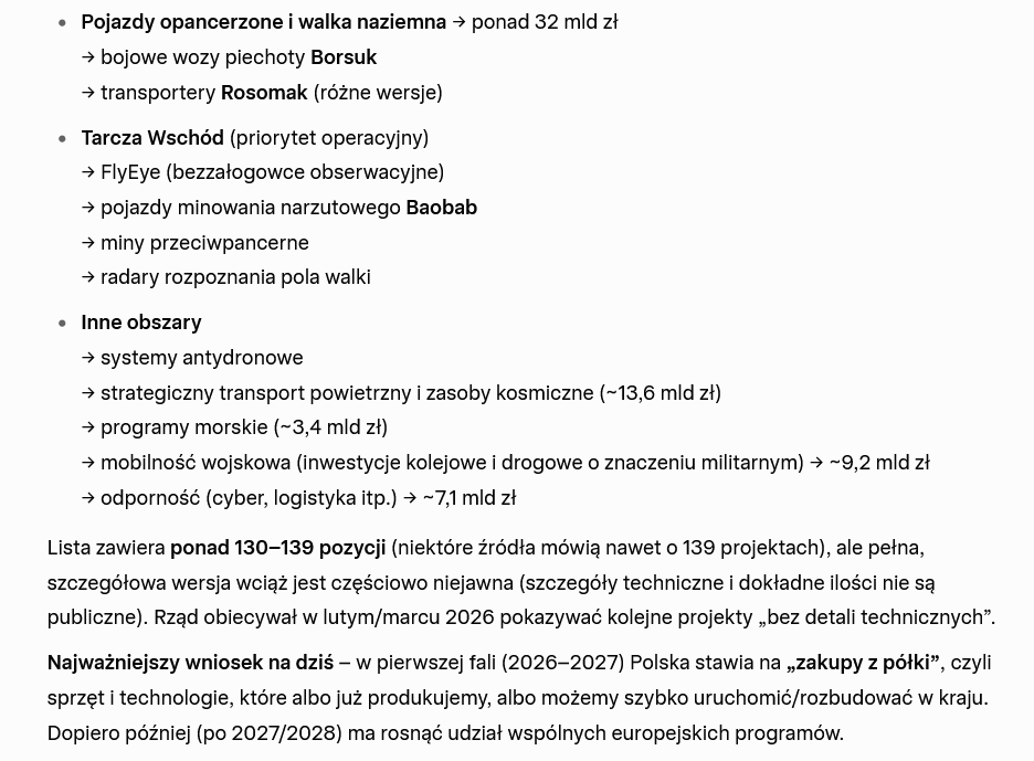 Takie zakupy chce zawetować Nawrocki:

88% w Polsce
11% poza Polską
0,37% Niemcy

- 47 mld - Artyleria, amunicja, rakiety
- 44 mld - Obrona przeciwlotnicza i przeciwrakietowa
- 32 mld - Pojazdy opancerzone i walka naziemna
- 40 mld - Tarcza Wschód
- 7 mld - Policja, SG, SOP