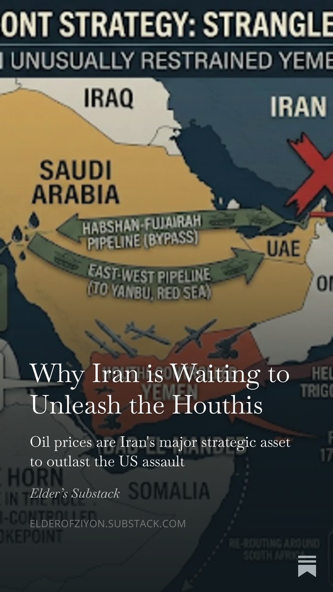 The Houthis have watched Iran absorb its worst military strikes in history and done essentially nothing — no missiles, no drone attacks, no resumed Red Sea campaign. This is not self-preservation instinct; Hezbollah entered the war knowing full well it would take severe damage,