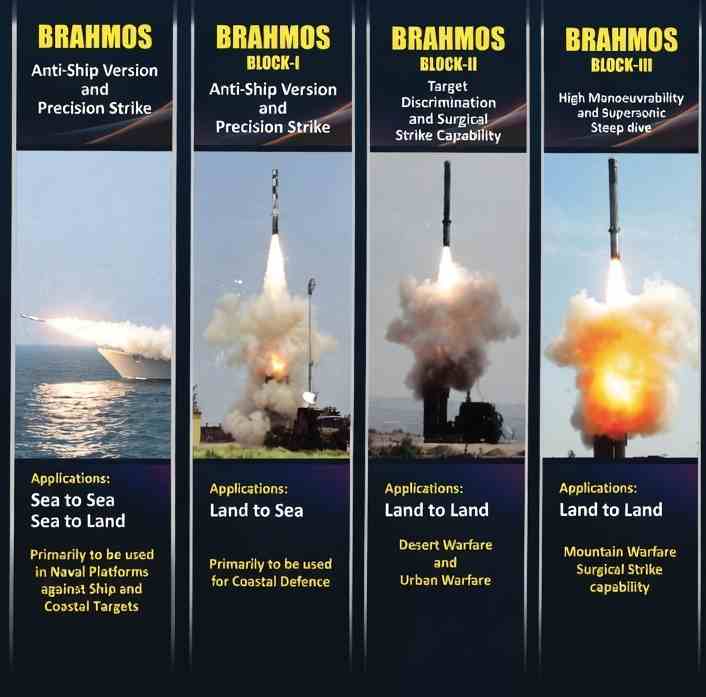 #BRAHMOS Versions
 
▪️BRAHMOS: (S2S, S2L) Anti-Ship Version and Precision Strike
Primarily to be used in Naval Platforms against Ship and Coastal Targets
▪️BRAHMOS BLOCK I: (L2S) Primarily to be used for Coastal Defence
▪️BRAHMOS BLOCK-II: (L2L)Target Discrimination and Surgical