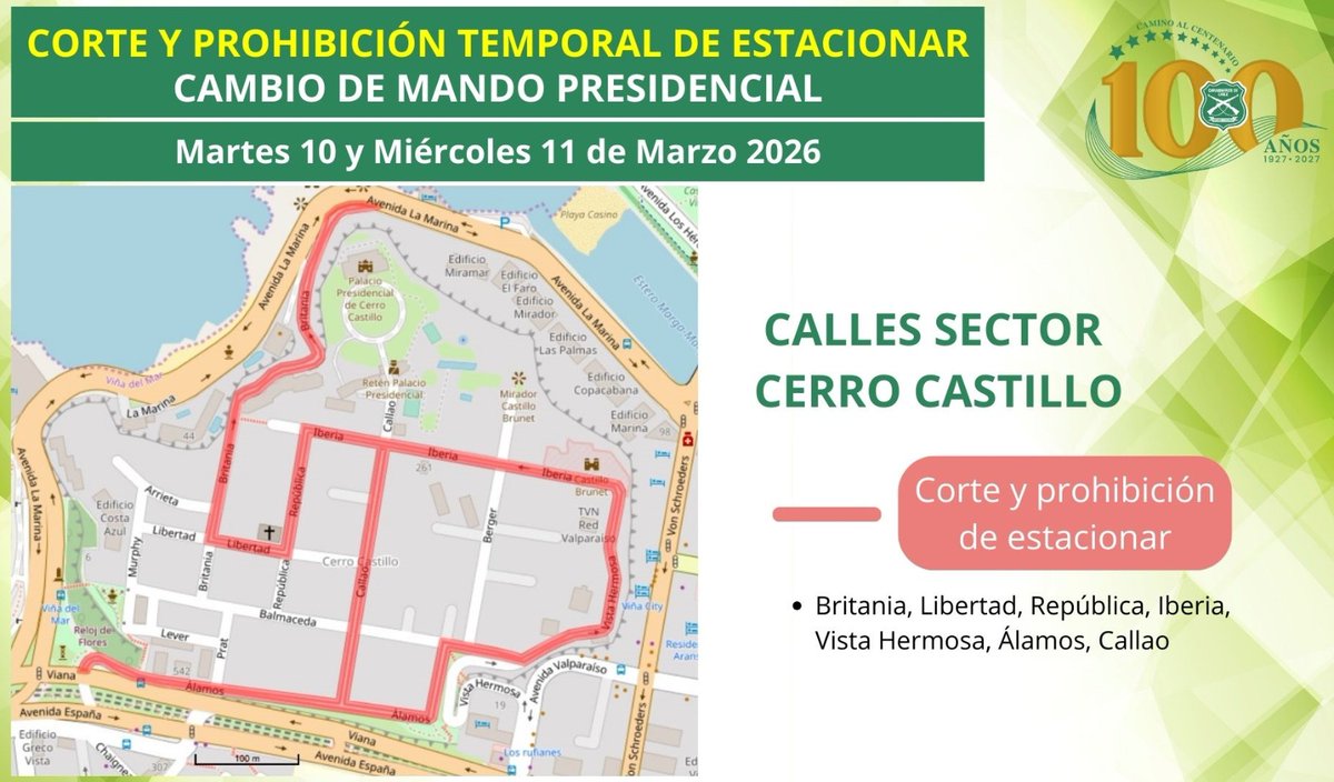ZonaCarabValpo's tweet photo. 🚨#Valparaíso | Cambio de Mando Presidencial 
Conoce los desvíos de tránsito que se efectuarán desde las 06:30 horas en el plan de la ciudad Puerto mañana miércoles 11 de marzo con motivo del Cambio de Mando Presidencial en el Congreso Nacional.  También, se realizarán restricciones viales en el Cerro Castillo de #ViñadelMar. Aquí más detalles 👇
#OrdenyPatria
@MTTValparaiso