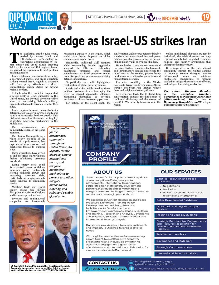 Informer_ke's tweet photo. World on edge as Israel-US strikes Iran:  https://t.co/y1FP0KO2ls @AssociatesGda ⁦@KINYURUMUNUHE⁩ ⁦@POTUS⁩ ⁦@IsraelinKenya⁩ ⁦@USEmbassyKenya⁩ @IsraeliPM ⁦@UN⁩ @Iran_GOV ⁦@IRANinKENYA⁩ https://t.co/QkWsioNRIT