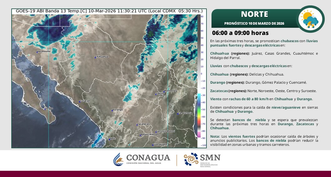 conagua_clima's tweet photo. ⛈️⚡️🌊En las próximas tres horas se pronostican #Chubascos y #Lluvias puntuales fuertes con #DescargasEléctricas, #Rachas de #Viento y #Oleaje en entidades del noroeste y norte de #México🇲🇽.

🤓Más información en las imágenes👇 https://t.co/NfBQfptIkp