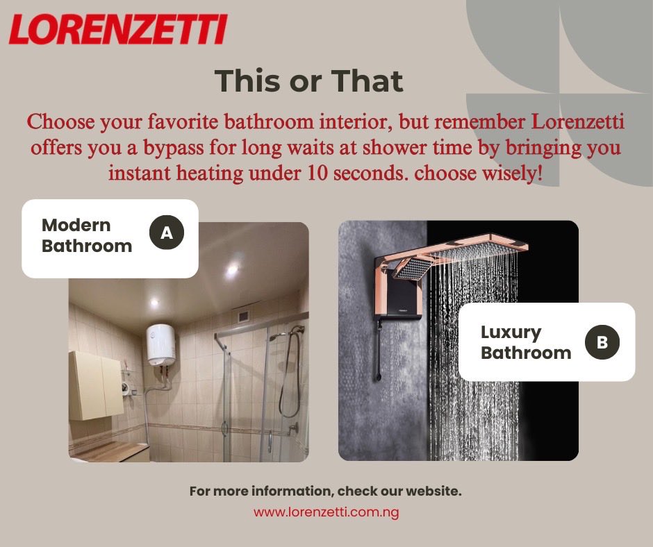 Lorenzetti_nig's tweet image. What vibe are you choosing?
✨ A: Modern Bathroom
✨ B: Luxury Bathroom
Let us know your pick in the comments! #explore #lorenzettinigeria #instantheat #electricshowers