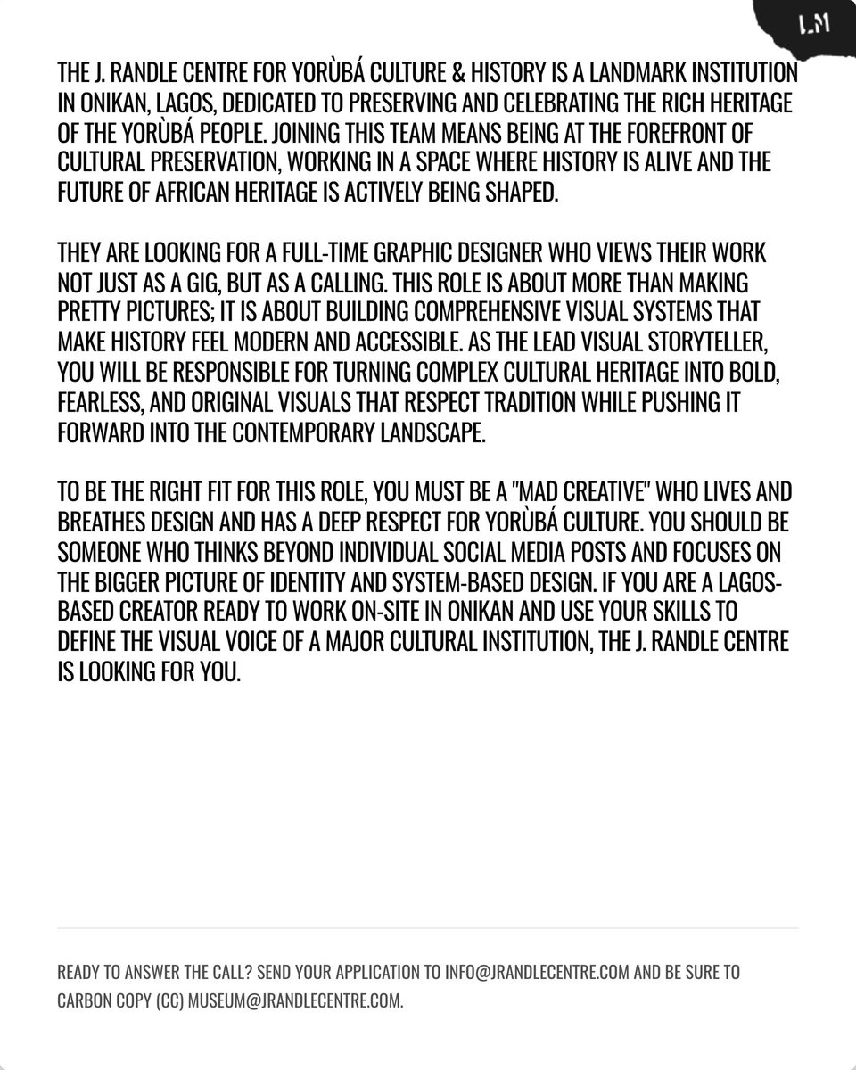 LagosMeet's tweet photo. The J. Randle Centre for Yorùbá Culture &amp; History is hiring a full-time Graphic Designer to help shape the visual storytelling of Yoruba culture and heritage.

If you’re a Lagos-based creative ready to build meaningful visual systems, this is worth checking out 👇🏼👇🏼 https://t.co/GhDpCxI0Ro