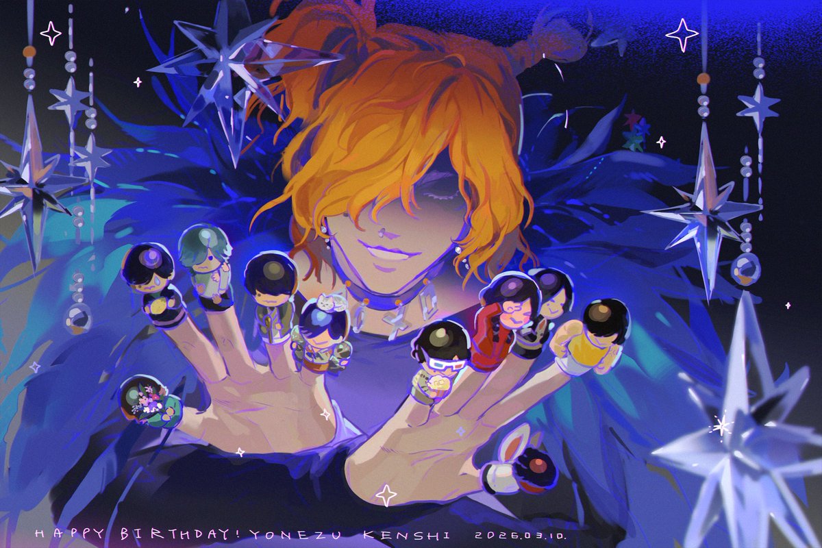 #米津玄師誕生祭2026
お誕生日おめでとうございます！
大好きなPOP SONGの米ちゃんを描きました！ご本人もこの衣装も、ずっと『DEATH NOTE』の死神っぽい雰囲気があるなと思っていて…
ニアが指人形をいじっている時の、あの無邪気で腹黒い感じがPOP米ちゃんにぴったりだと思います