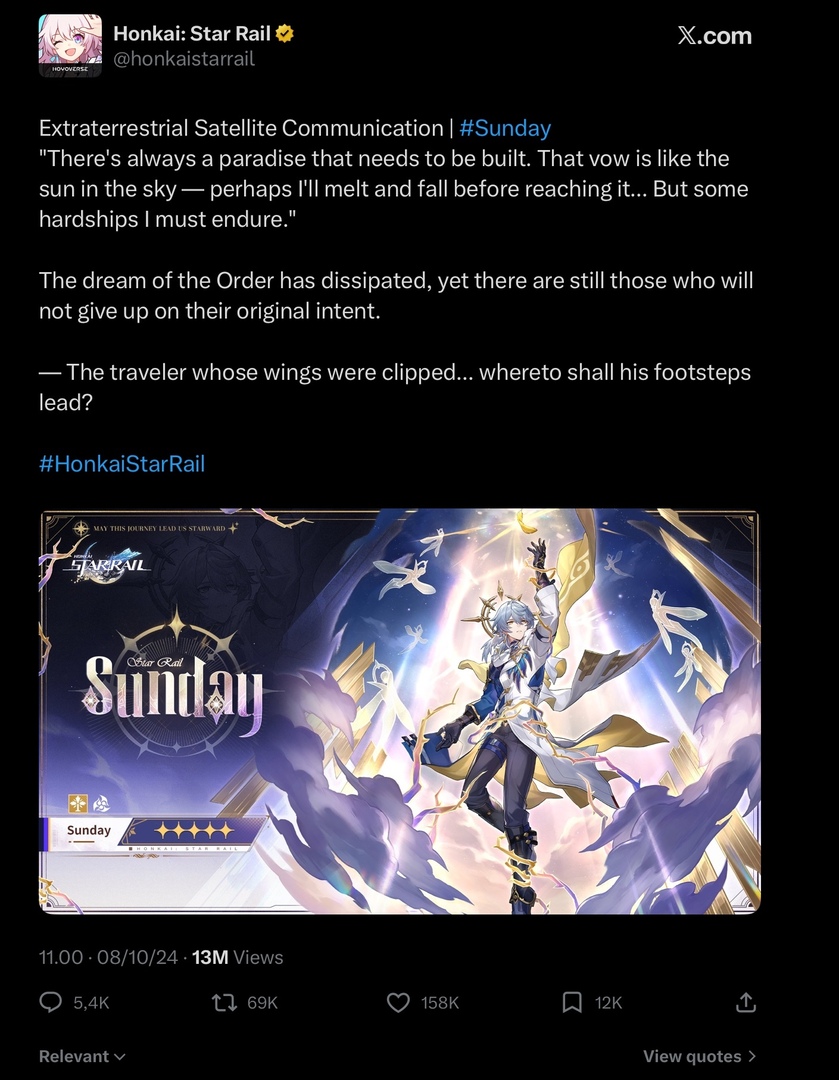 Pompom! Terpantau belum ada yg bisa menggeser hype drip marketing Sunday di ENG official acc, di JP dia juga yg paling tinggi dari semua male characters. Dulu sender kira Phainon bisa geser dia, ternyata tidak.
Mungkin karena efek di kurung selama setahun