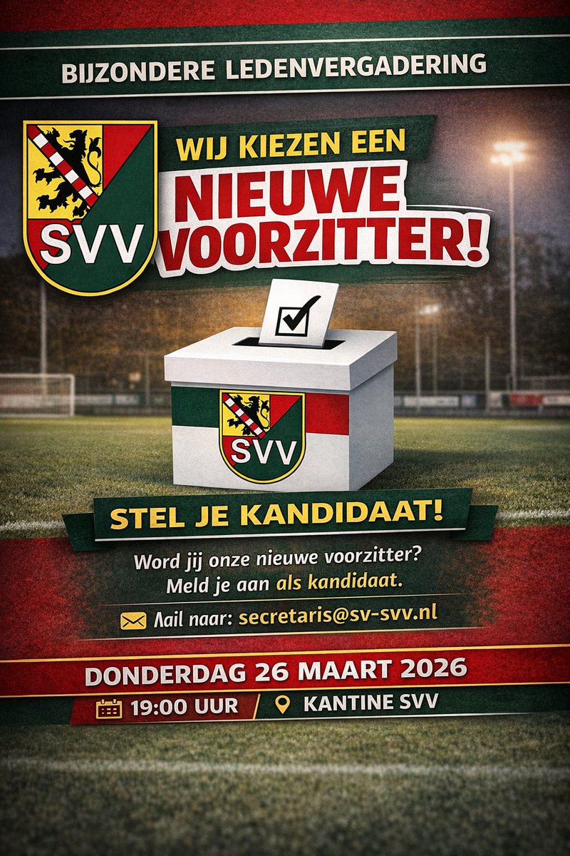 #Bijzondere #Ledenvergadering .
Nieuwe voorzitter ‼️
Donderdag  26 Maart 2026.
19:00 uur  Kantine SVV.
<a href="/waterwegsport/">WaterwegSport.nl</a> <a href="/Schiedams/">De Schiedammer</a> .