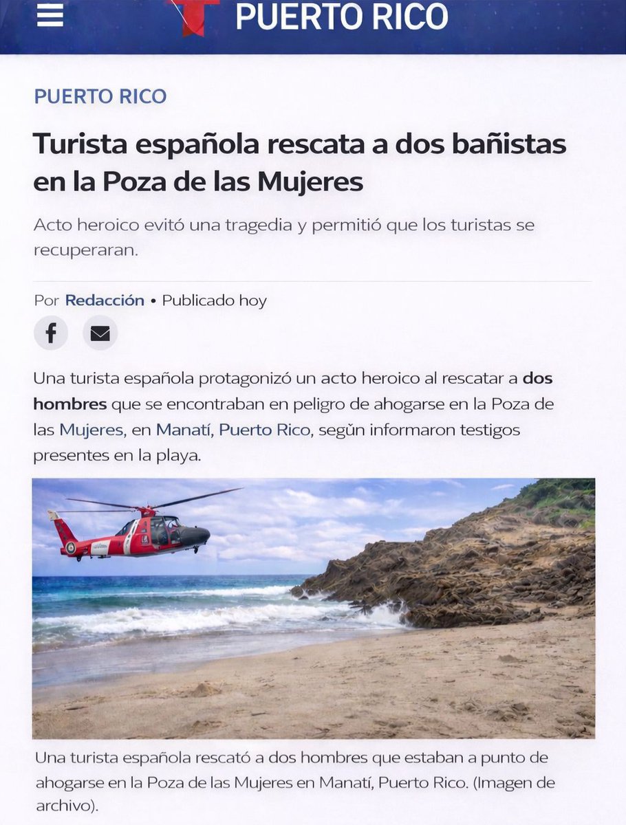 JuanAvilaCARMO's tweet photo. Acción heroica de nuestra vecina Lidia Bravo rescatando a dos bañistas

Nuestra vecina de Guadajoz, voluntaria de la agrupación de Protección Civil, se lanzó al agua cuando estas dos personas estaban a punto de ahogarse en el paraje de la Poza de las Mujes (Puerto Rico) https://t.co/FHiJa0SrvV