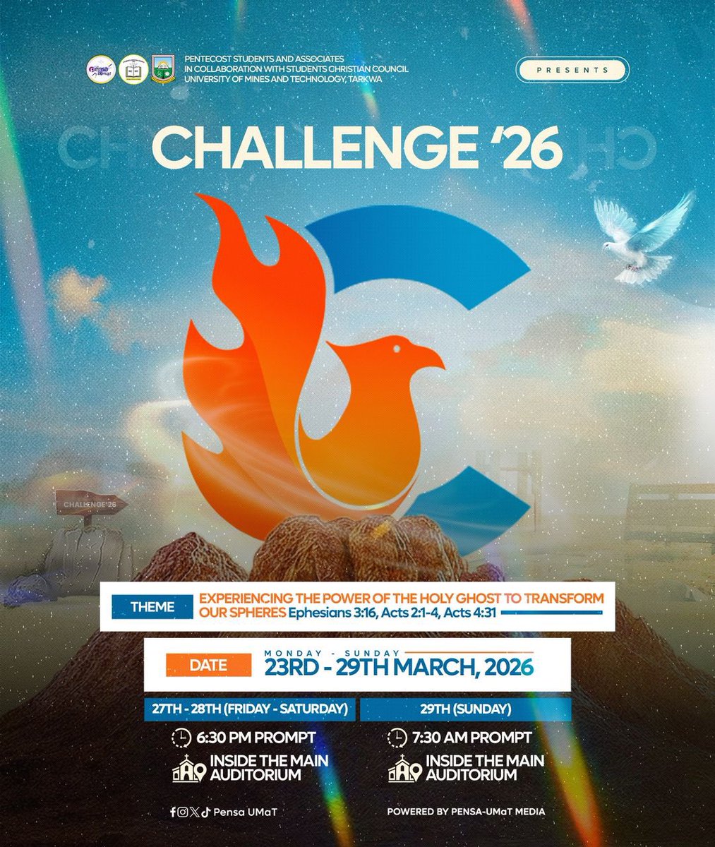 _pensa_umat_'s tweet photo. 🔔 CHRIST IN YOU 🔔

📢  UMaT STUDENTS! 🔥
A divine encounter is near. 🕊️
CHALLENGE ’26 is almost here. 🚀

In just 1️⃣5️⃣ days, we gather for a life-transforming experience with the Holy Spirit. ⏳🔥

This is a call to transformation. 🔥

📆  Mark your calendar📍🔥
#Challenge26 https://t.co/jyxr4xPcvn