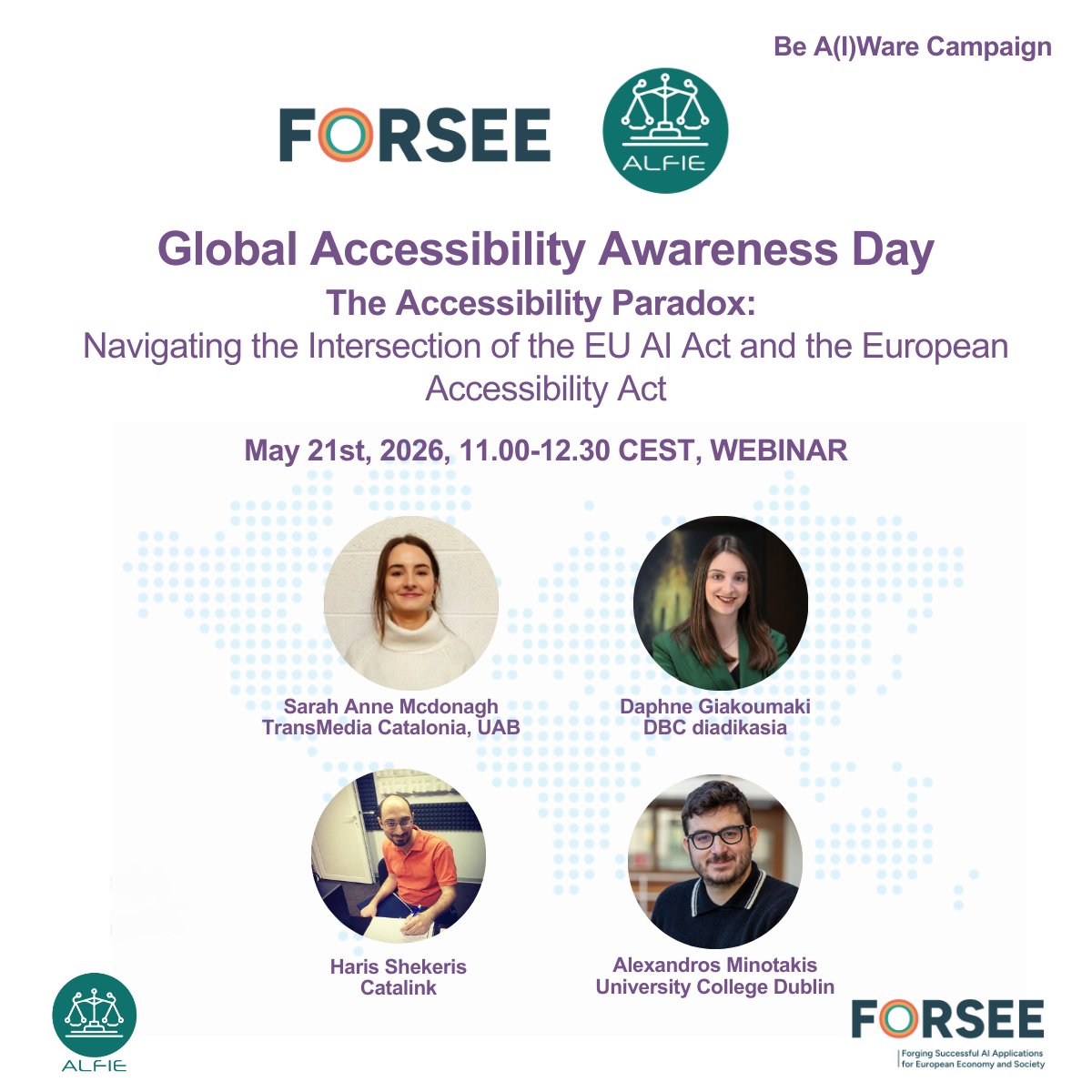 AlfieProject_eu's tweet image. 📢 GAAD Webinar: The Accessibility Paradox
How can AI support accessibility without violating privacy?
Join ALFIE &amp;amp; FORSEE to explore the intersection of the EU AI Act and the European Accessibility Act.
🗓 21 May 2026
⏰ 11:00–12:30 CEST
🎟️tinyurl.com/yfpv5z5u
#GAAD #ALFIE