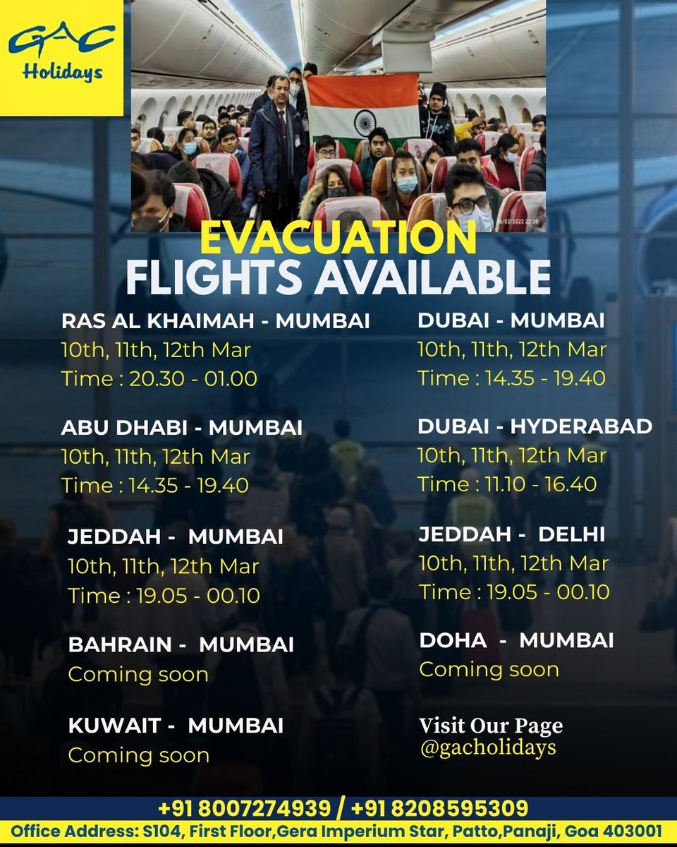 goanewshub's tweet image. 🚨 Emergency Flights from Dubai to India

GAC Holidays is arranging special evacuation flights for passengers needing to travel urgently.

✈️ Dubai → Mumbai
✈️ Dubai → Hyderabad
✈️ Abu Dhabi → Mumbai
✈️ Ras Al Khaimah → Mumbai

📅 10th, 11th, 12th March

📲 WhatsApp or Call