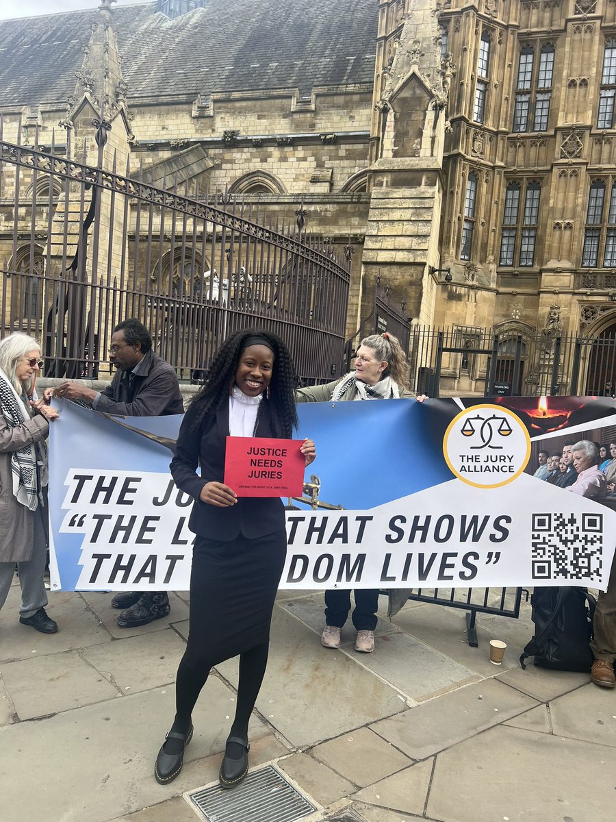 fufuisonme's tweet photo. Outside Parliament protesting the Courts and Tribunal Bill 2026, which seeks to strip away the right to jury trials in most cases and replace them with judge-only trials.

62% of senior judges went to private school and 86.1% of judges are white. https://t.co/FDlD2t629q