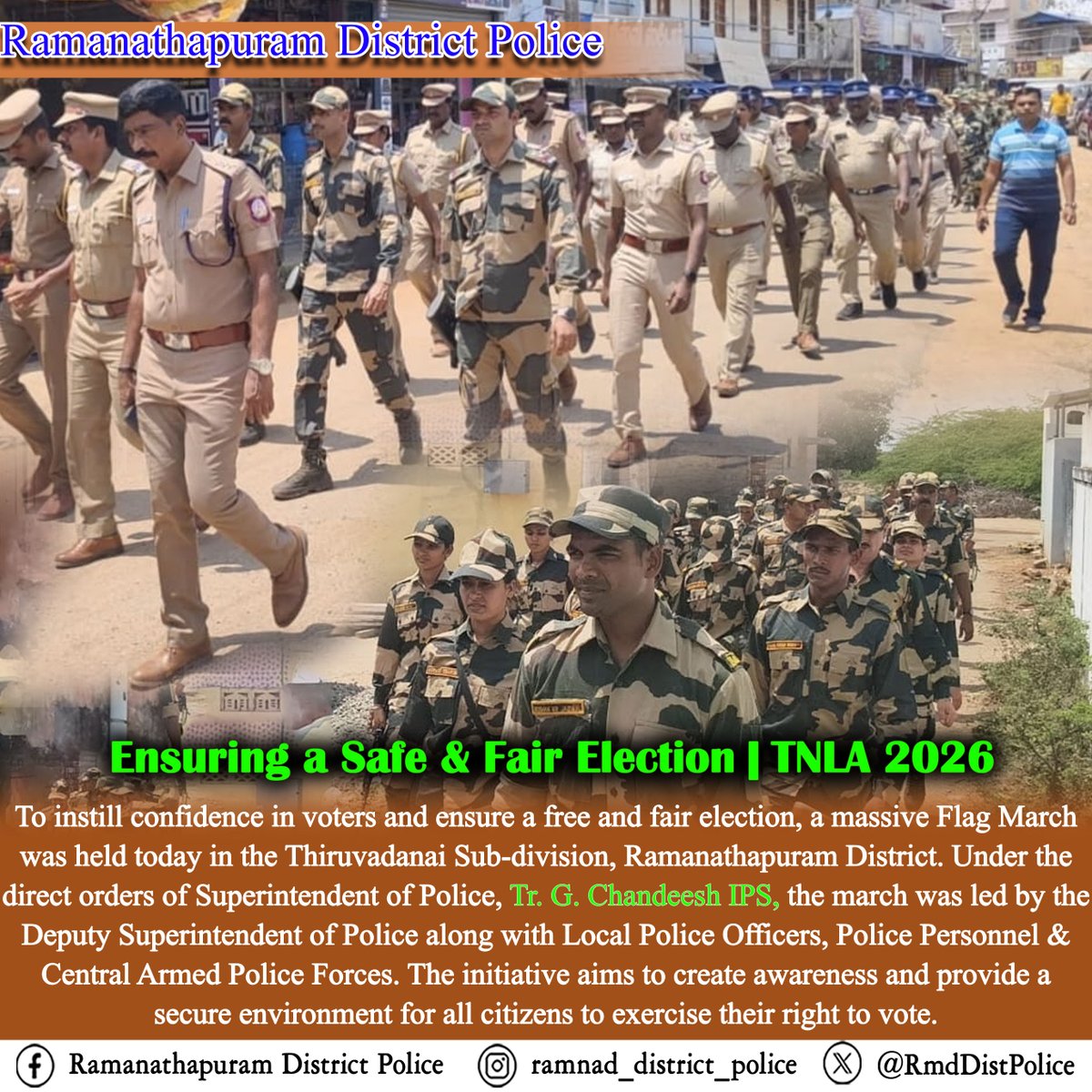 Ensuring a Safe &amp; Fair Election | TNLA 2026

To instill confidence in voters and ensure a free and fair election, a massive Flag March was held today in the Thiruvadanai Sub-division, Ramanathapuram District.
