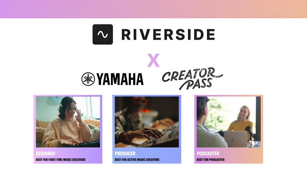 RiversidedotFM's tweet photo. We’re excited to announce our partnership with Yamaha. 
 
Introducing Yamaha Creator Pass, an all-in-one subscription built for music and audio creators.

Now including Riverside for podcast recording and editing.

https://t.co/JIS4nwxkF0 https://t.co/5OvgaKwqqE
