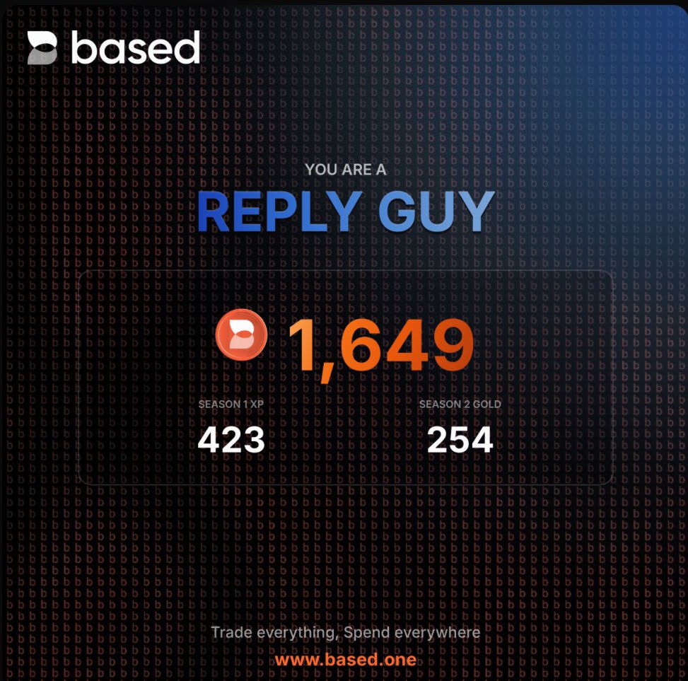 Ya tenemos el checker de <a href="/BasedOneX/">Based</a> disponible ✅

Por aquí poquita cosa, ya sabéis que no utilizo mucho los perps, solo de forma orgánica y puntual, pero todo suma 👌

Aquí tenéis el link: basedfoundation.com/check

¿Lo del reply guy es que simplemente soy un pringao no? 😂