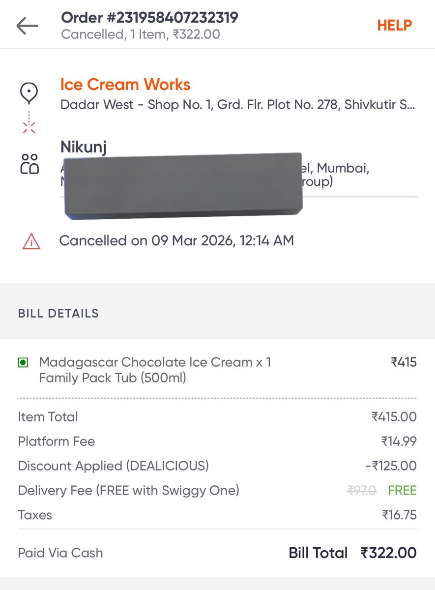 nikunjsame's tweet photo. Very poor experience with @Swiggy. Ordered ice cream but no delivery partner for 2 hours. Tried to cancel but the bot didn’t allow it, and there was no way to speak or chat with customer care. When a rider was finally assigned we asked him to cancel, yet we were still charged. https://t.co/ViykdxZLhs