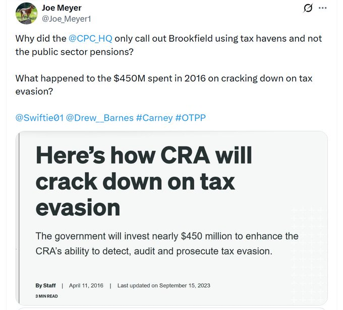 Joe_Meyer1's tweet photo. @eINstigator @BillTufts Perhaps you can explain why Carney's defending Brookfield and the public sector pensions using tax havens ?     

Especially in light of the fact that this was AFTER the
@liberal_party  spent $460M on cracking down on companies using tax havens

#OTPP  
https://t.co/iJG0SGISCC https://t.co/zg5XQCRQwG