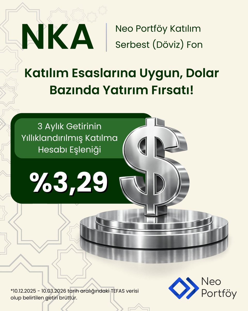 🔎 NKA - Neo Portföy Katılım Serbest Döviz Fon,                                              🌟 Katılım Esaslarına Uygun, Dolar Bazında Yatırım Fırsatı!

📍USD birikimini ve nakit akışını kısa vadeli, düşük riskli olarak değerlendirmek isteyen katılım odaklı yatırımcılar için