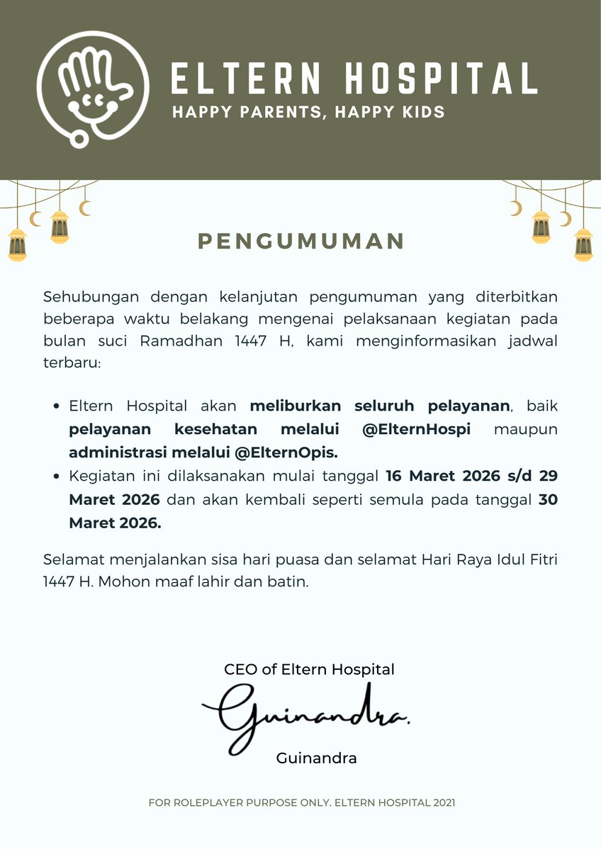 ㅤㅤ 
𝙏𝙞𝙢𝙚 𝙩𝙤 𝙘𝙚𝙡𝙚𝙗𝙧𝙖𝙩𝙚 𝙩𝙤𝙜𝙚𝙩𝙝𝙚𝙧𝙣𝙚𝙨𝙨! Eltern Hospital will be on holiday from 𝗠𝗮𝗿𝗰𝗵 𝟏𝟔 𝘁𝗼 𝗠𝗮𝗿𝗰𝗵 𝟐𝟗, 𝟐𝟎𝟐𝟔. Wishing you a blessed and peaceful Eid! See you soon! 🌙✨
ㅤㅤ