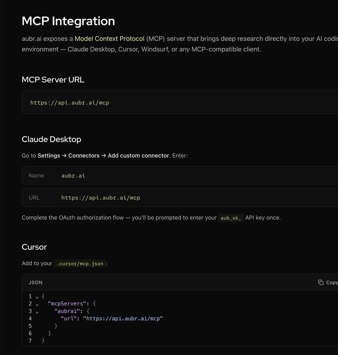 vitadao's tweet photo. .@Aubrai_  now has a public API and MCP server.

Deep research across PubMed, arXiv, and https://t.co/k4ydH1RwJs. Autonomous sessions up to 8 hours
 -> cited reports, data analysis, all programmatic.

Plug it into Cursor, Claude Desktop, OpenClaw, or any MCP-compatible agent.

https://t.co/iMn3uW7dqs