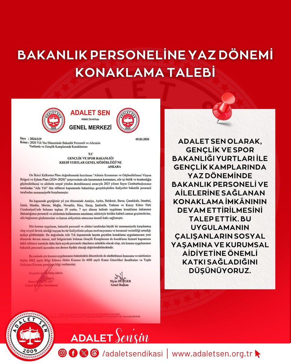 Adalet Sen olarak, Gençlik ve Spor Bakanlığı bünyesindeki yurtların yaz döneminde bakanlık personeli ve ailelerinin konaklayabilmesine yönelik uygulamanın sürdürülmesini ,ek olarak tatil bölgelerinde ki  gençlik kamplarının da uygulamaya dahil edilmesini talep ettik.

Geçtiğimiz