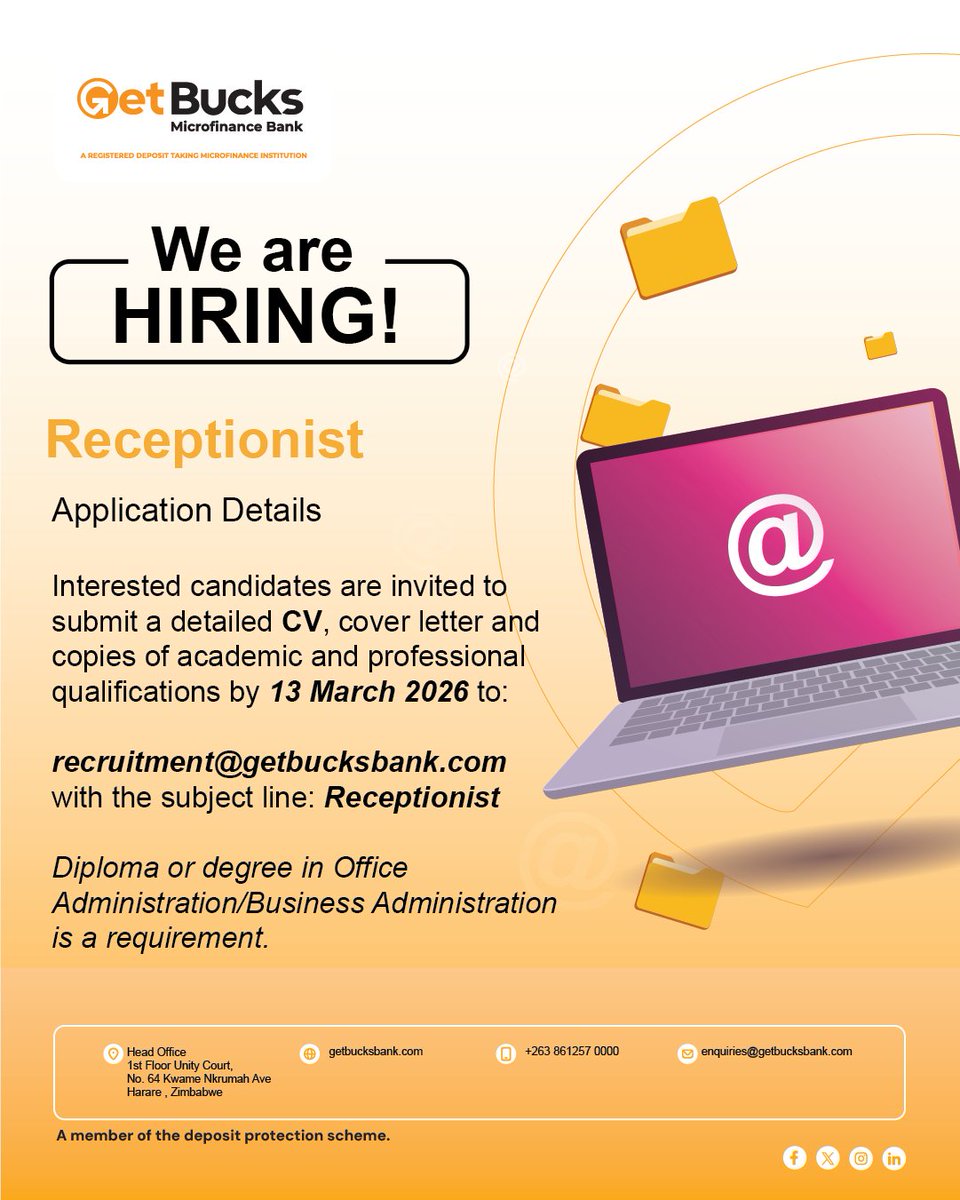 GetBucksBank's tweet photo. Requirements

* Degree in Office Administration, Business Administration, or a related field.
* Proven experience 
* Strong communication and customer service skills.
* Good organizational and multitasking abilities.
* Attention to detail.

Deadline for submission: 13 March 2026. https://t.co/S9CIi9UVN6