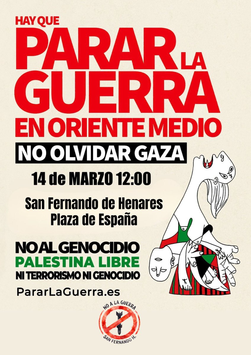 NoalaGuerraSFH's tweet photo. 📢 Llamamos a toda la ciudadanía a acudir a las concentraciones convocadas el sábado 14 de marzo por https://t.co/wANiMK4a0u, y en San Fernando a través del Colectivo "No a la Guerra'' de Sanfer.
🕊️ San Fernando de Henares por la Paz. https://t.co/rfLuQi96hj